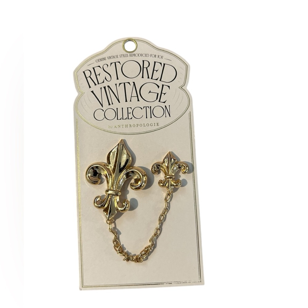 Anthropologie Restored Vintage Fleur De Lis Brooch Pin 14k Gold Plate NWT